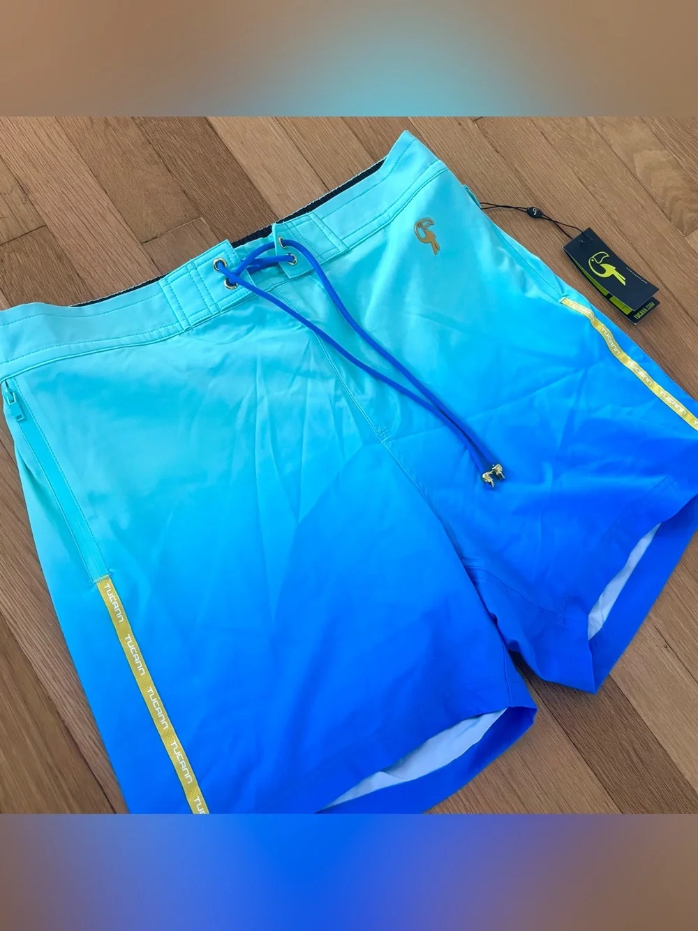 Tucann Mens Swim Shorts XL Faded Ocean Blue Ombre Trunks Compression Liner NWT